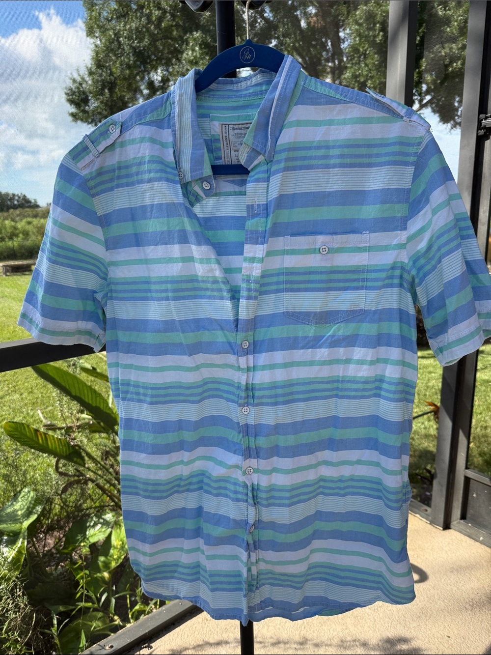 Vintage Alexander Julian cotton Blue/Green/White Striped Short-Sleeve Button-Dow